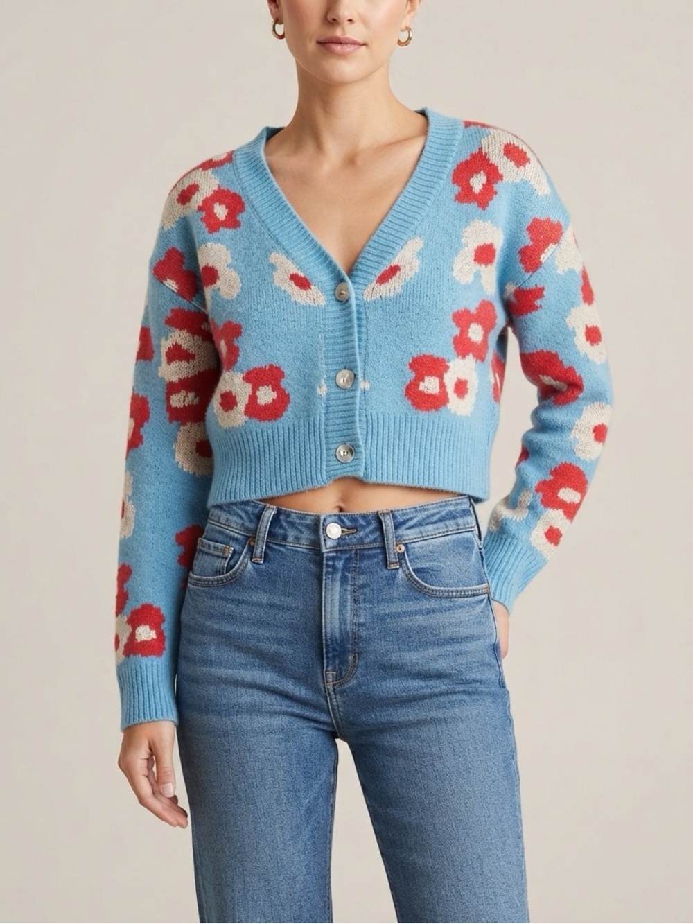 Altar’d State Blue Floral V-Neck Cropped Cardigan Sweater Y2K Style Size XSmall